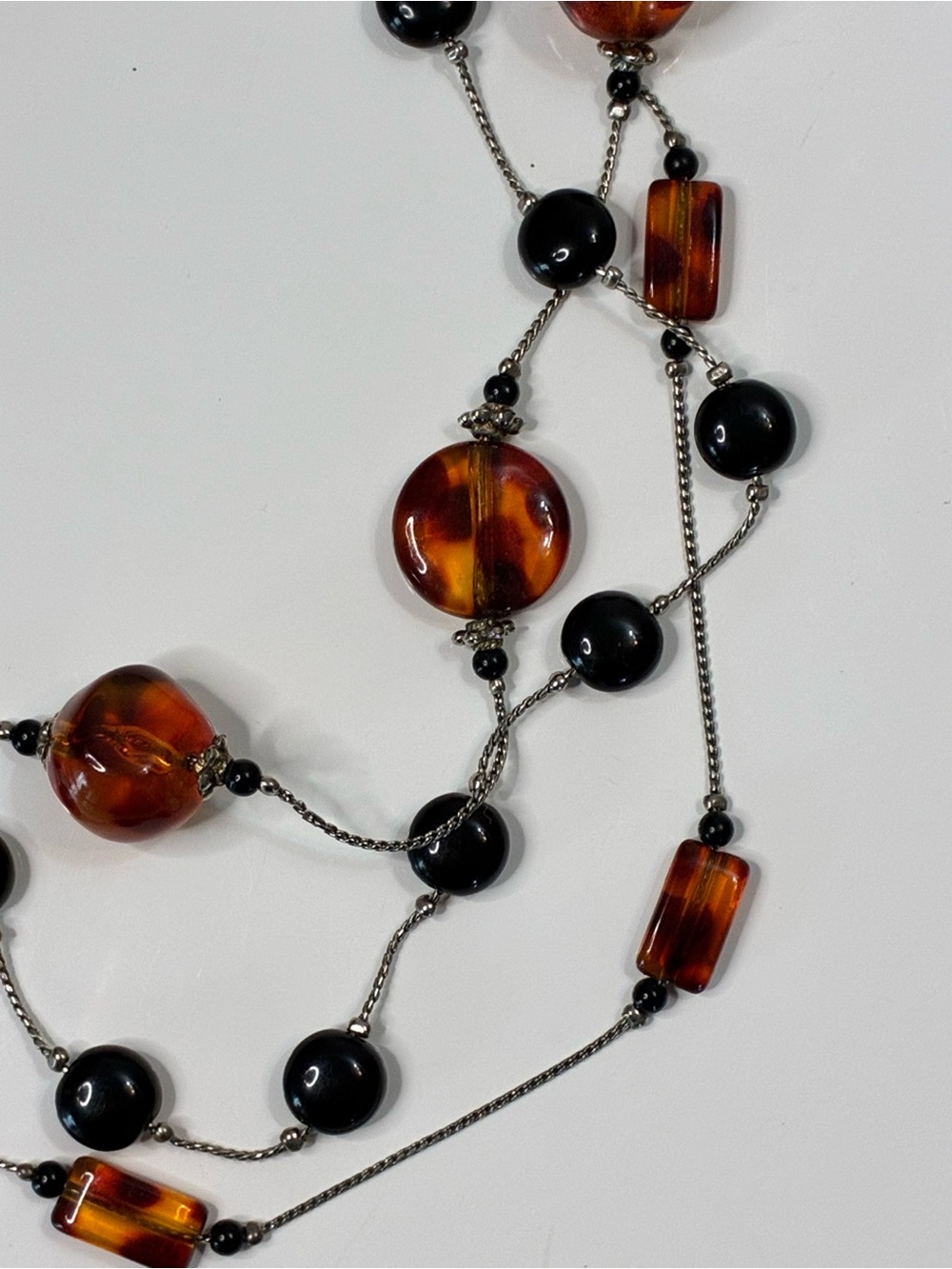 VTG Three-Strand Faux Tortoise and Black Lucite Beaded Necklace - Women Jewelry